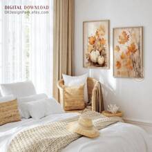 2 PIEZAS/3 PIEZAS Impresiones de decoración de otoño, arte imprimible de hojas de otoño de estilo granja, impresión digital de calabaza de otoño pintura acuarela, arte de pared de otoño