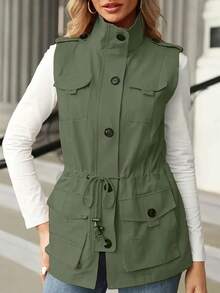 Fnortc Spring And Autumn Practical With Pockets Women's Workwear Vest Buttoned Sleeveless Jacket - xanh quân đội - Xem 2