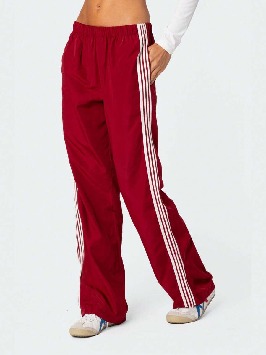 Women Casual Sweatpants Y2K Vintage Side Stripe Elastic Waist Leg Wide Pants Long Pants Teen Girls Loose Workout Pants Fall Spring Fashion Color Block Parachute Pants With Pockets Joggers Track Pants - 紅色 - 查看 1