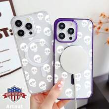 Phone Case For IPhone 16 Pro Max 16e 15 Plus 14 13 12 11 Heart Skull Pattern Non-Yellowing Matte Transparent Colorful Anti-Scratch Shockproof Pocket-Friendly Durable Magnetic Case With Charging Cellphone Cover Gift - Pink - View 3