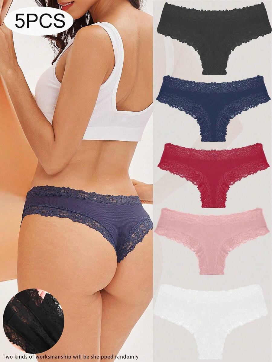 Bộ 5 quần lót ren đơn giản và thoải mái màu trơn cho nữ, cạp trễ - Nhiều màu - Xem 1