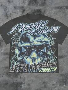 "Y2K Star " Cotton Short-Sleeved T-Shirt: "FOSSILS DESIGN" Star Print On The Front, "SPACE TOUR 2024" Cosmic Theme On The Back, Y2K Retro Style, Pure Cotton Material, Explaining Ad Astra's Attitude. - Black - View 2