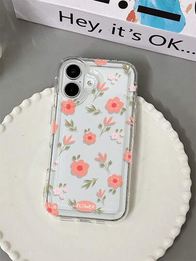 1pc Fashionable Orange & Pink Floral Transparent Shock-Absorbing Phone Case, Compatible With Samsung, Compatible With Iphone 17/16/15/14/13/12/11/XSMAX/X/XS/XR/7PLUS/8PLUS/7/8/S21/22/23/24/25