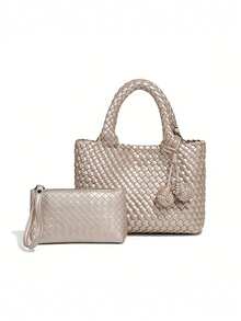Woven Tote Bag For Women Large Woven Handbag Soft Leather Shoulder Bag Work Shopper Summer Beach Travel Tote Bag With Purse - Multicolor - View 3