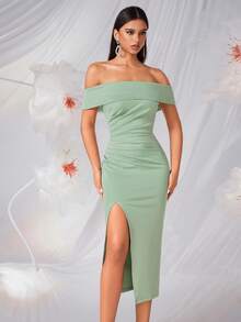 Elisanya Off-Shoulder Ruched Front Slit Backless Party Dress For Women - Green - View 7