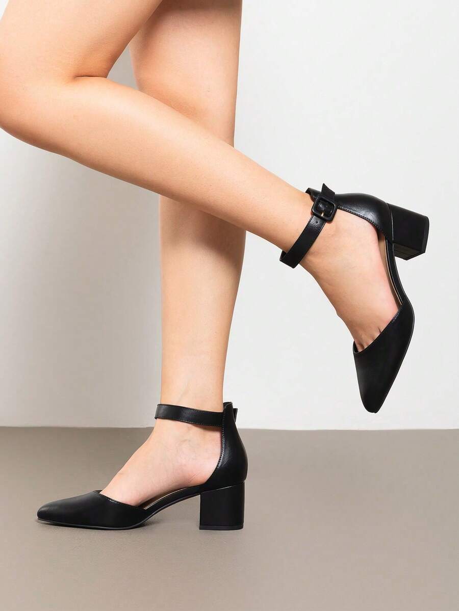 Women's Chunky Closed Toe Low Block Heels Dress Pointed Toe Ankle Strap Wedding Pump Shoes - màu đen - Xem 1