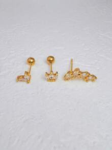 3 件锆石耳钉可叠戴耳环，适合女士，14K 镀金不锈钢 CZ 耳钉，耳轮前耳钉，耳屏耳甲，方晶锆石穿孔首饰，适合女士