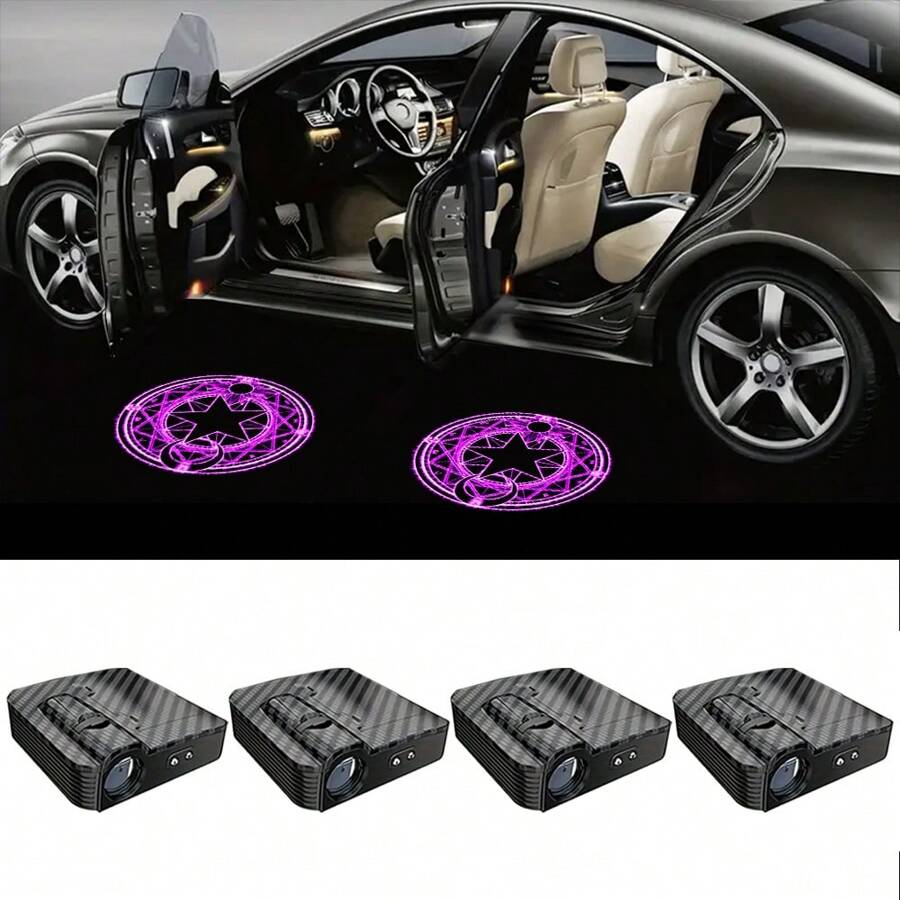 4-Piece Set Of Door Lights - Pink Pentagram Projection Light - Universal Wireless Door LED Projection Light, Suitable For Door Steps Of Various Brands Of Cars, LED Pink Sun And Moon Welcome Sign Projection Light