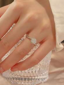 1 chiếc nhẫn đính hôn/cưới bằng đá Zirconia dành cho nữ, thời trang, sang trọng, lãng mạn, phong cách thanh lịch, thiết kế độc đáo, nhẫn hở có thể điều chỉnh tinh tế, quà tặng ngày lễ tình nhân - Bạc - Xem 2