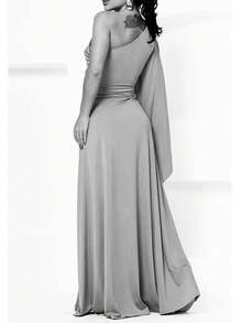Bridesmaid Dress For Party Guests Reception Graduation Without Shine Cape Sleeve In Fluity Cpom Flower Brooch - Army Green - View 3