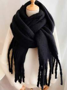 1pc Solid Color Scarf, Winter Warm Neck, Thickened Wool Knitted Thick Fringed Shawl, Can Be Worn