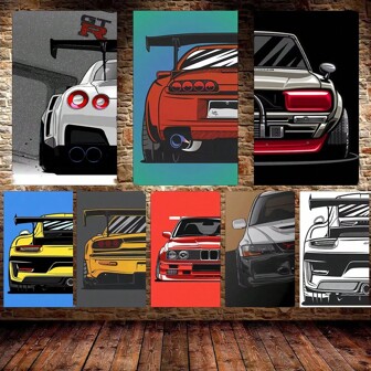 1 pieza / Set de 3 pósteres de arte de pared opcionales con marco Bandera de auto JDM genial, impresión de poliéster, pancarta de carreras para decoración