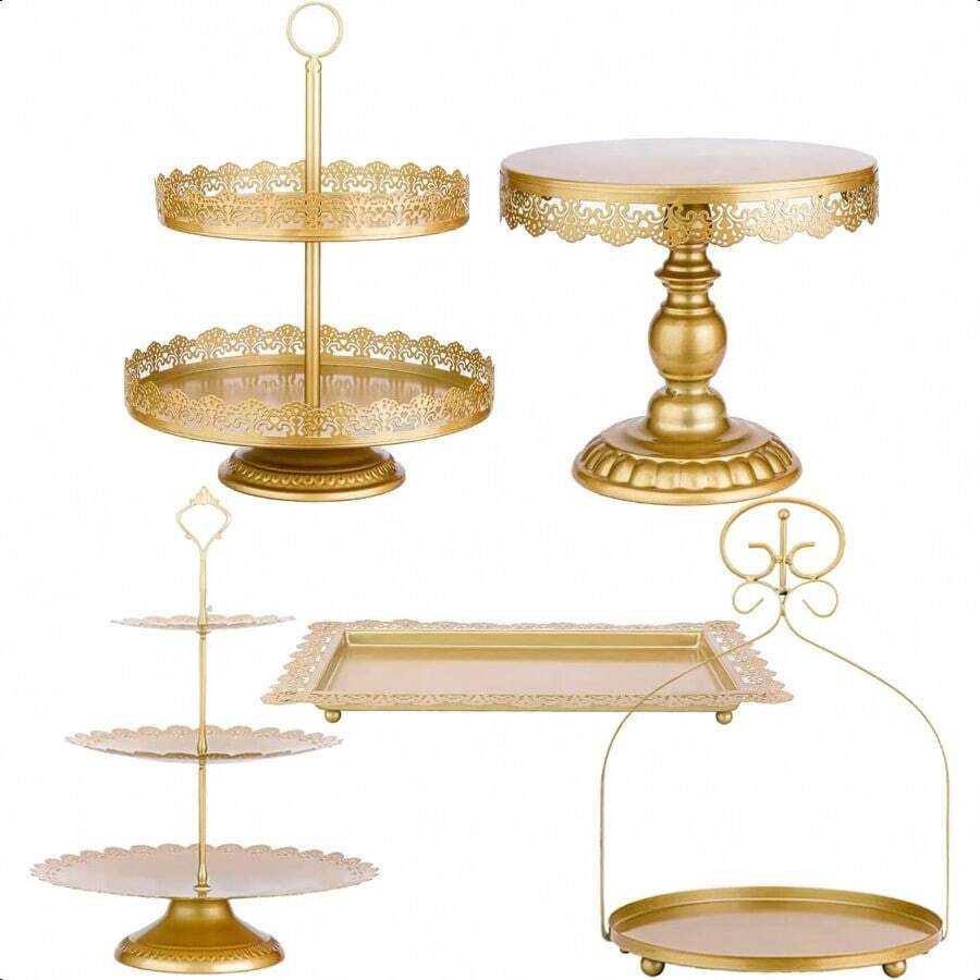 ZUMELER Gold 5Pcs Cake Stands Set Metal Round Cupcake Holder Cookies Dessert Display Plate Serving Tower Tray Platter With Handl For Baby Shower Wedding Birthday Party Celebration-0166 - 金色 - 查看 1