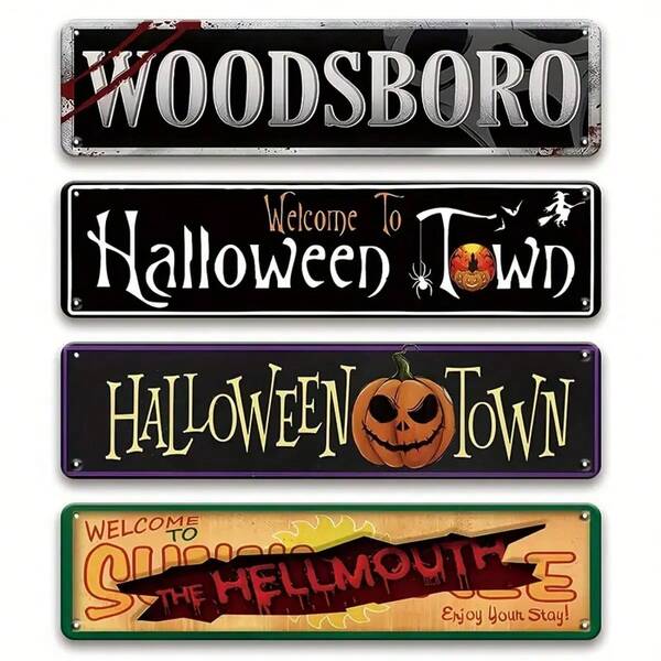 2D Flat, 4pcs Vintage Halloween Theme Metal Tin Signs, 4x16 Inches, Farmhouse Home And Camping Decor, Aesthetic Outdoor Wall Art, Retro Bedroom And House Decoration, No Power Required