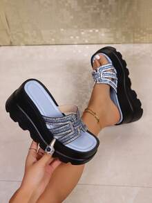 Women's Solid Color Bohemian Platform Wedge Sandals, European And American Cross-Border Plus Size Wedge Sandals, Polyurethane Platform Fashion High Heel Sandals, Flatform Slip On High Heel Sandals - Blue - View 5
