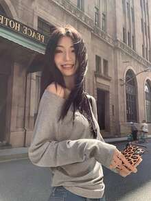 Casual Loose Off-Shoulder Long Sleeve T-Shirt, Slouchy Relaxed Fit Tops