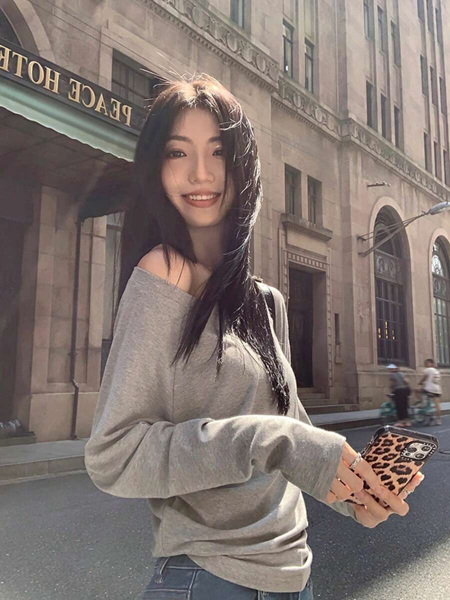 Casual Loose Off-Shoulder Long Sleeve T-Shirt, Slouchy Relaxed Fit Tops