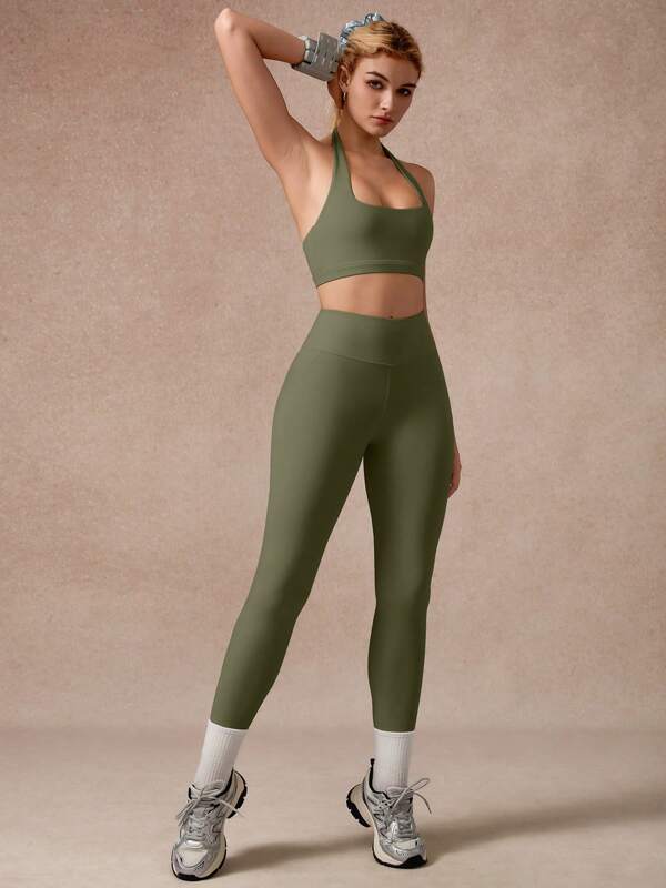 NcmRyu 1 Set Women's Solid Color Stretchy Casual Homewear, Fitness, Yoga, Pilates Sports Bra And Pants Outfit