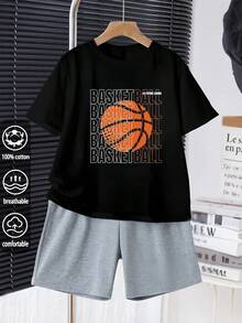 Alfabeto da basket, T-shirt da bambino in cotone a coste, stile college, nuova primavera ed estate, top sportivi drappeggiati, morbidi e traspiranti, a maniche corte per bambini