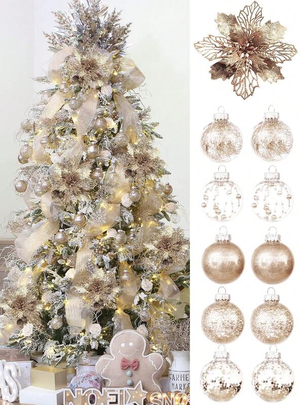 10 Pieces - Christmas Ball Decorations Champagne Color Christmas Decorations Set And Christmas Flowers Christmas Tree Decorations Crush Hanging Balls Christmas Party Home Decoration, Christmas, Festive Wedding Christmas Tree Decoration, Champagne Christmas Decoration, Artificial Champagne Christmas Tree Decoration, DIY Christmas Ball Decorations
