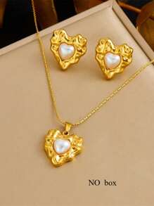 1 套心形设计项链和耳环 3 件套首饰套装，时尚简约风格，适合女性，适合日常、派对、节日，是完美的礼物 - 金黃色 - 查看 4