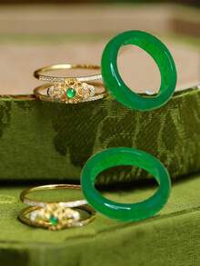 1pc Chinese Style Green Jade Inlaid Metal & Zirconia Ring, Fashionable High-End 18K Gold Band, Luxury & Versatile Gift For Women - Multicolor - View 5