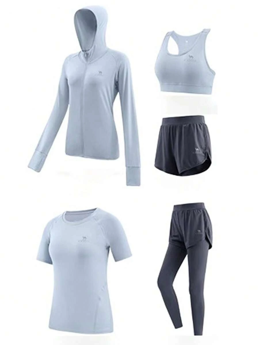 CAMEL CROWN 女士瑜伽服时尚透气运动服薄款修身健身服五件套 - 天水藍航海藍 - 查看 1