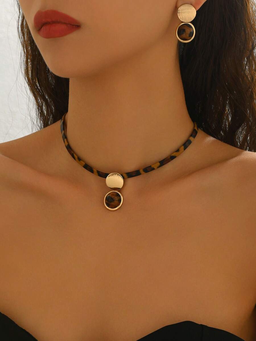 2pcs/Set Vintage Bohemian Leopard Print PU Leather Geometric Striped Round Acrylic Semi-Circle Pendant Necklace & Earrings Jewelry Set, Minimalist Daily Wear, Unique Gift Accessories - Leopard G - View 1