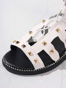 Sandálias Anabela com Decoração de Strass para Mulheres, Sapatos Abertos e Vazados com Zíper Traseiro na Moda, Sandálias de Verão Confortáveis para Uso Externo - Branco - Visão 7