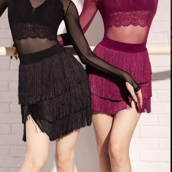 拉丁舞女短裙成人流苏连衣裙练功/舞台服装演出三层裙恰恰舞服装
