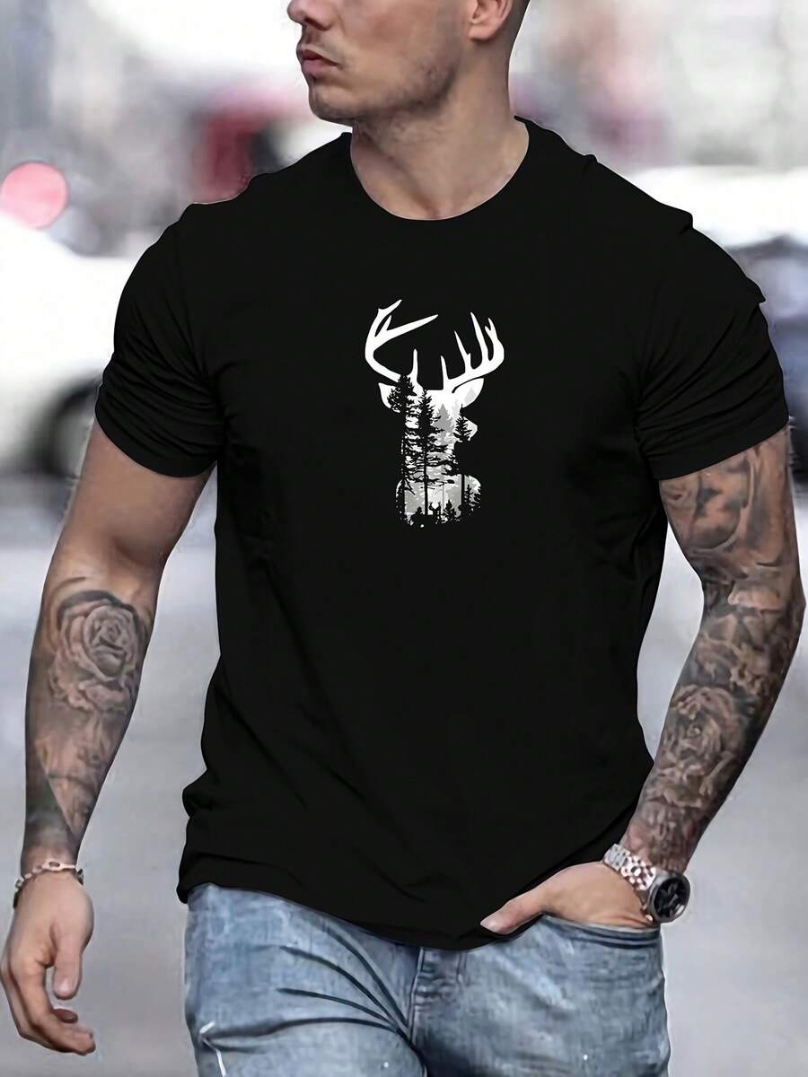 Men'S Red Deer Graphic T-Shirt - Casual Short Sleeve Crew Neck Tee, Lightweight Summer Shirt For Everyday & Formal Wear - Breathable Everyday Essential For Men, Deer Gifts, Outdoor Apparel, Bold Deer Design, Comfortable Fit, Durable Fabric, Casual Attire, Stylish Top, Soft Material, Printed Top, Adult Clothing - Black - View 1