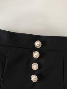 Girls' Two Pieces Outfit, White Collared Long - Sleeve Blouse With Black Bow Tie, Black Pleated Skirt With Pearl Buttons, Elegant School Ensemble - Black and White - View 10