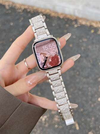 1 pieza Correa de reloj de metal totalmente con rhinestones compatible con 38/40/41/42/44/45/49mm, adecuada para Apple Watch Ultra/SE/10/9/8/7/6/5/4/3/2/1, elegante correa de reloj de mujer, correa de repuesto