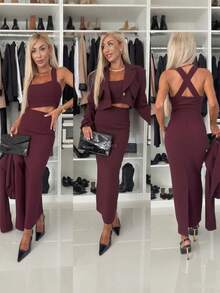 Moda europeia e americana elegante colete sexy costas cruzadas saia longa justa casual jaqueta curta de manga comprida feminina terno de três peças - Borgonha - Ver 1