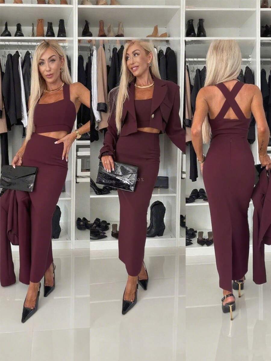 Moda europeia e americana elegante colete sexy costas cruzadas saia longa justa casual jaqueta curta de manga comprida feminina terno de três peças - Borgonha - Ver 1