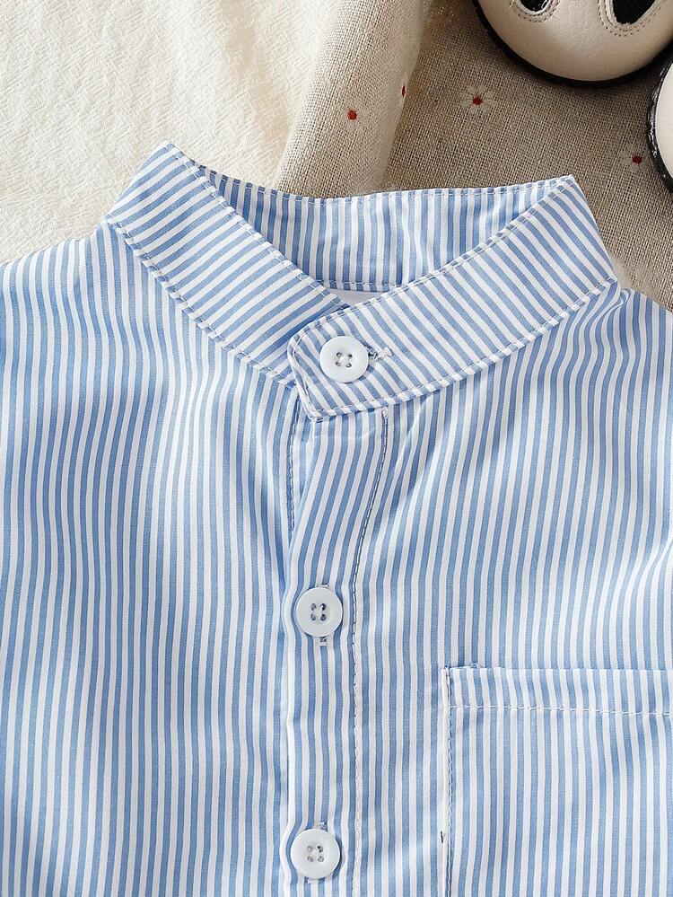 2pcs/Set Toddler Boys' Mandarin Collar Striped Faux Shirt With Pockets And White Casual Pants, Vacation & School Style - Blue - View 3