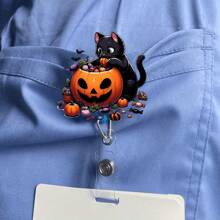 1 Stück/2 Stücke Halloween Thema Acryl Ausziehbarer Ausweishalter - Schwarze Katze & Kürbis Design, mit drehbarem Alligatorclip, geeignet für Krankenschwestern, Ärzte, Medizinstudenten, Büromitarbeiter und Halloween-Fans, Halloween Dekoration