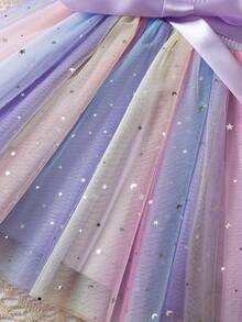 Baby Girl Elegant Floral Rainbow Mesh Tulle Dress With Belt Princess Toddler Girls Ruffles Sleeve Dresses For Wedding, Birthday, Vacation - 紫色 - 查看 7