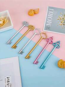 6pcs Vintage Creative Retro Key Shaped Neutral Pens, Ballpoint Pens, Black Ink Pens, Cute Student Stationery - Multicolor - View 1