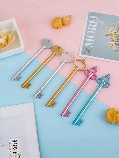 6pcs Vintage Creative Retro Key Shaped Neutral Pens, Ballpoint Pens, Black Ink Pens, Cute Student Stationery