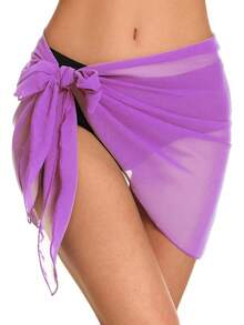 Swimsuit Coverups Women Sarong Beach Bikini Wrap Sheer Short Skirt Chiffon Scarf Swimwear - 淡紫色 - 查看 4