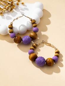 1 par de pendientes de aro de moda para mujer, pendientes de cuentas de madera con estilo bohemio, adecuados para uso diario, vacaciones y como regalo - Morado - Ver 5