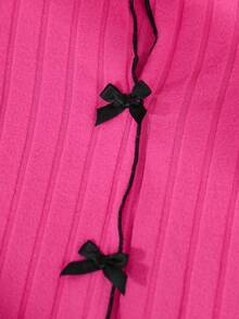 2 件女童睡衣套装，秋冬，时尚休闲优雅蝴蝶结领 V 领长袖上衣和淡紫色长裤 - 玫紅色 - 查看 3