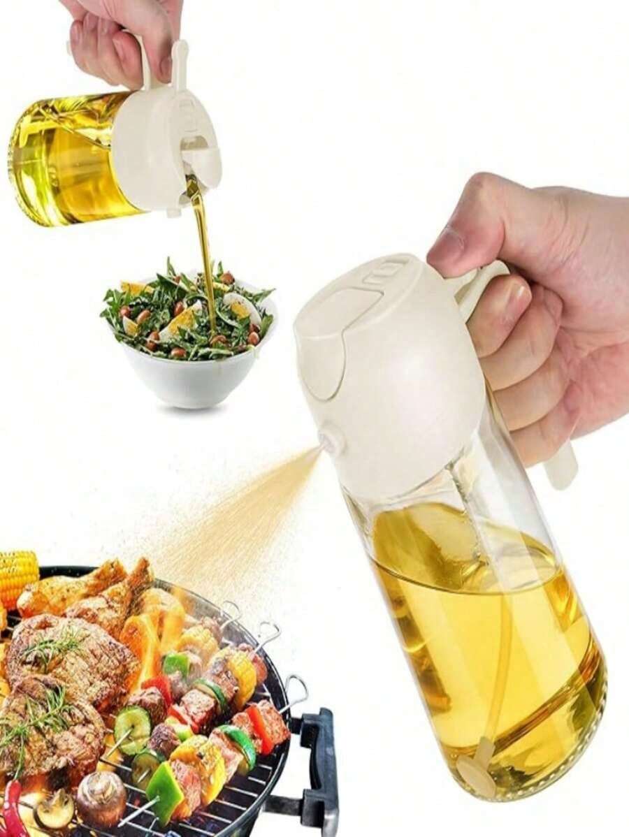 2-In-1 Glass Oil Dispenser And Sprayer - 1 Pack Round Shape - PVC Free - Machine Washable - Ideal For Cooking, Air Fryer, BBQ, Salad - Kitchen Oil Sprayer Bottle - Easy Grip Handle - Perfect For Cooking - Màu be - Xem 1