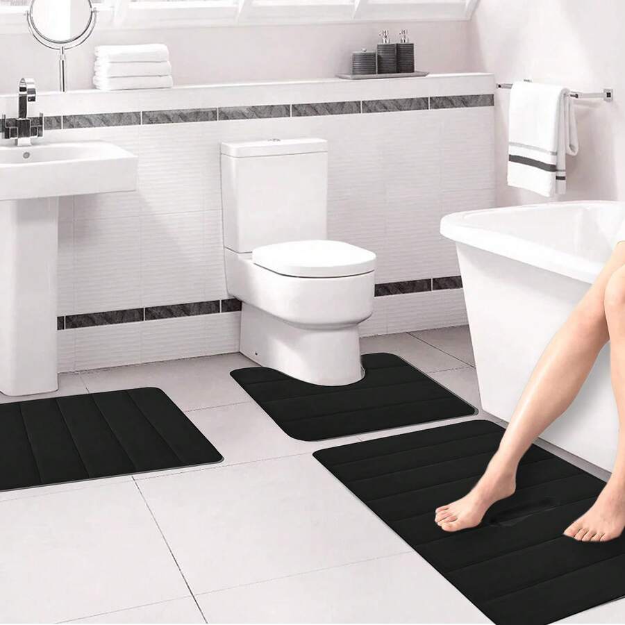 3-Piece Memory Foam Bath Mat Set - Non-Slip Bathroom Rugs Super Absorbent Quick-Dry Machine Washable Perfect For Bedroom Decor, Tub, Toilet Floor, Shower Room, Laundry, Kitchen And Indoor Areas - 黑色 - 查看 1