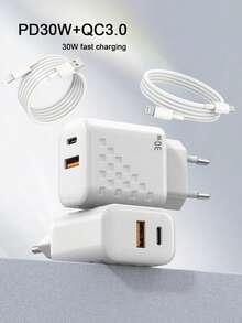 30W Dual-Port EU Charger, Complete With 30W C-To-Lightning Fast-Charging Cable And 60W USB-C Fast-Charging Cable (3.3 Ft / 1 M Data Cable). Compatible With IPhone 16/15/14/13/12/11 And Compatible With Samsung S25/S24/S23/S22 And More-Ideal For Home, Office, And Travel