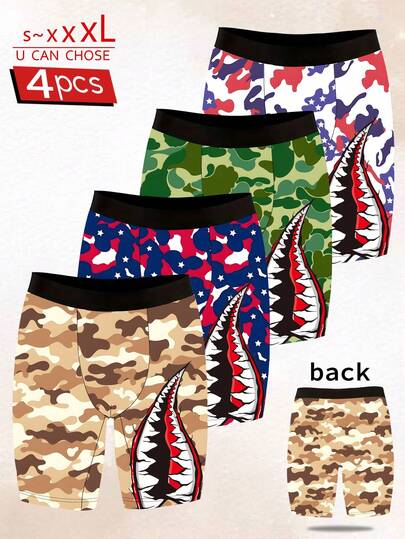 4pcs Men's Shorts, Novelty Print, Soft & Breathable Polyester Knit Fabric, Elastic Waistband, Casual Sports Men's Long Boxer Briefs