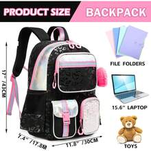 Aesthetic Cute Backpack For Elementary To Teen Girls - 8-10 Years Old Kids Bookbag - 黑色 - 查看 2
