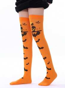 1 双万圣节派对过膝袜，女式大腿袜，带蝙蝠和幽灵印花