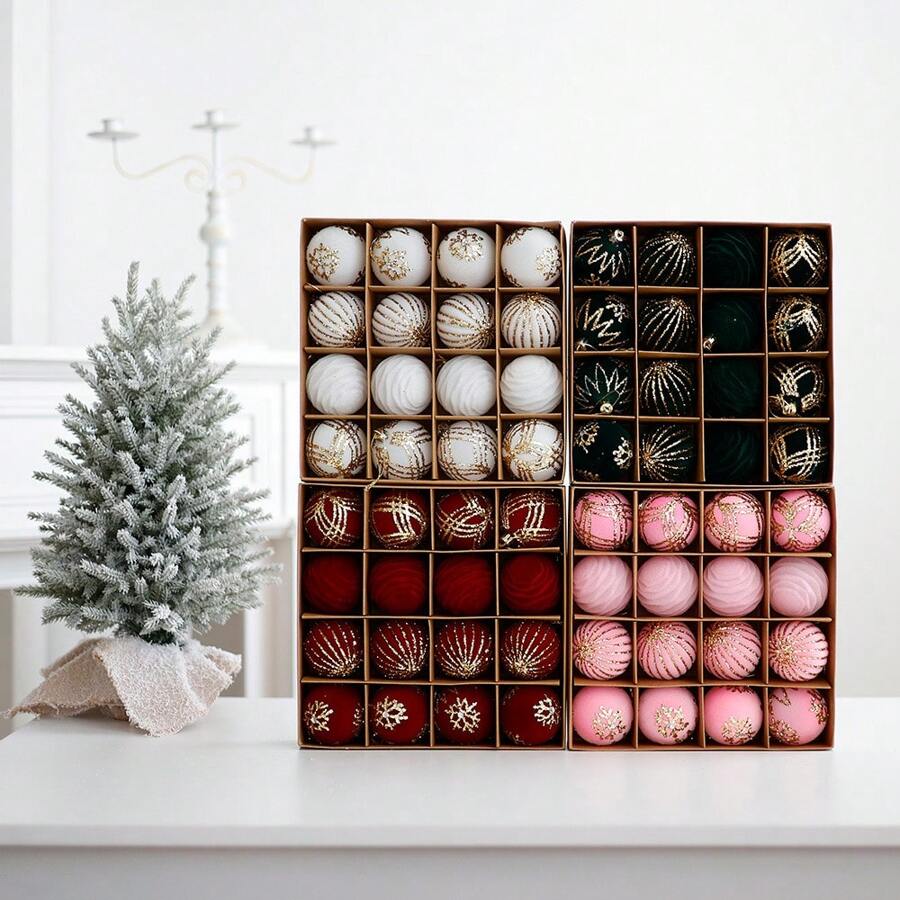 Set de 16 piezas de bolas decorativas navideñas, colgantes de bolas para árbol de Navidad, bolas de Navidad pintadas de terciopelo en caja de regalo, adornos para árbol de Navidad, decoraciones multicolor para árbol de Navidad, corona navideña, guirnalda para decoración navideña